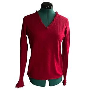 Magaschoni Cherry Red Cashmere V Neck Red fringe Sweater Valentine's size Small